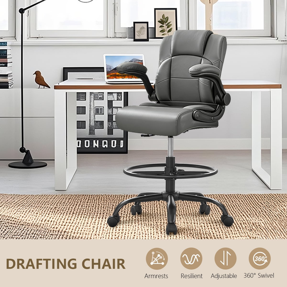 JONPONY 500 lbs Tall Office Chair with Flip-up Armrests for Standing Desk Executive Ergonomic Computer Leather Desk Chair with Lumbar Support, Adjustable Foot Ring for Home,GREY
