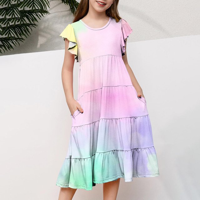 Milgrthf Robe Maxi Teinture sur Nœuds pour Filles, Été, Manches Courtes à Volants, Col Ras du Cou, Robes à Étages pour 6-12 Ans, Rose Vif