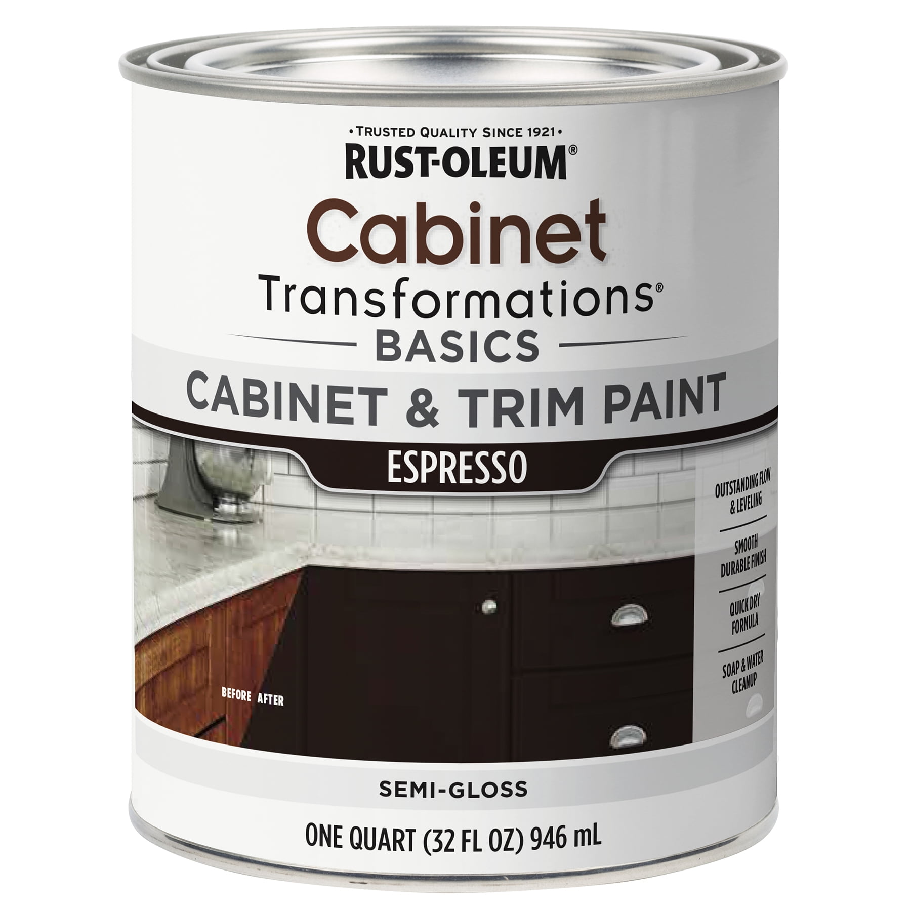 Espresso, Rust-Oleum Transformations Semi-Gloss Cabinet & Trim Paint, Quart, 4 Pack