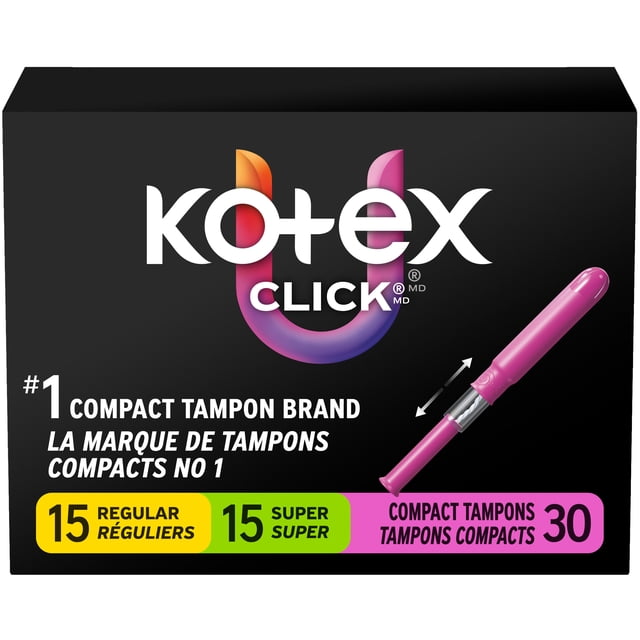 U by Kotex Click Compact Multipack Tampons, Regular/Super, Unscented, 30 Count