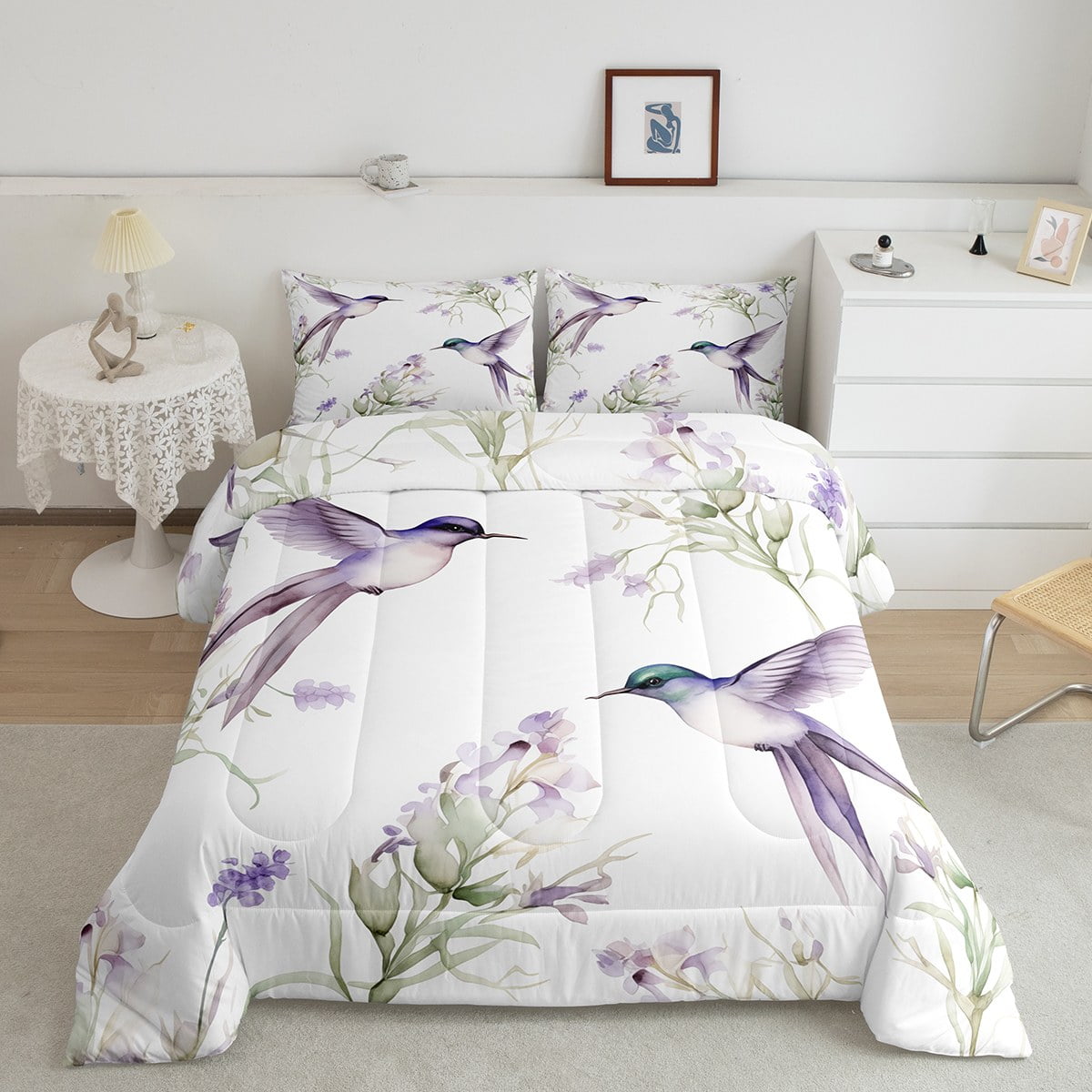 YST Kawaii Hummingbird Bedding Sets Queen Purple Flower Comforter Set ...