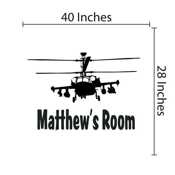 Removable Home Living Room Longbow Apache Blackhawk Helicopter Decoration Silhouette Design Vinyl Adhesive Wall Decal - Kids Bedroom Themed Customized Name Wall Sticker 40" x 36"