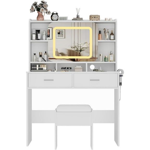 Vanity Sliding Desk and Stool with Mirror and Lights,Makeup Vanity with Charging Station, Drawers, Storage Shelves for Bedroom, White