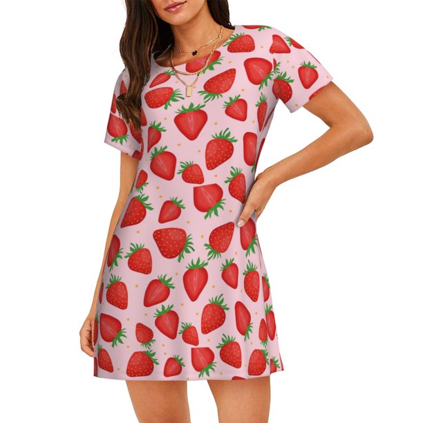 Fotbe Strawberries Bata de Dormir para Mujer con Estampado, Camisón de Algodón de Manga Corta, Ropa de Dormir Casual