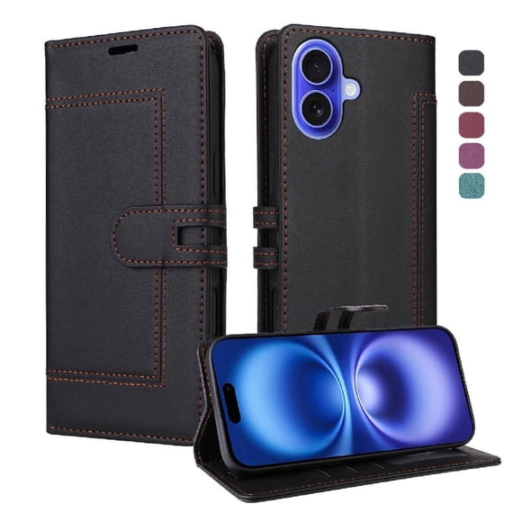 Premium Wallet Case for iPhone 16 with Card Slots & Kickstand, Flip Cover Black