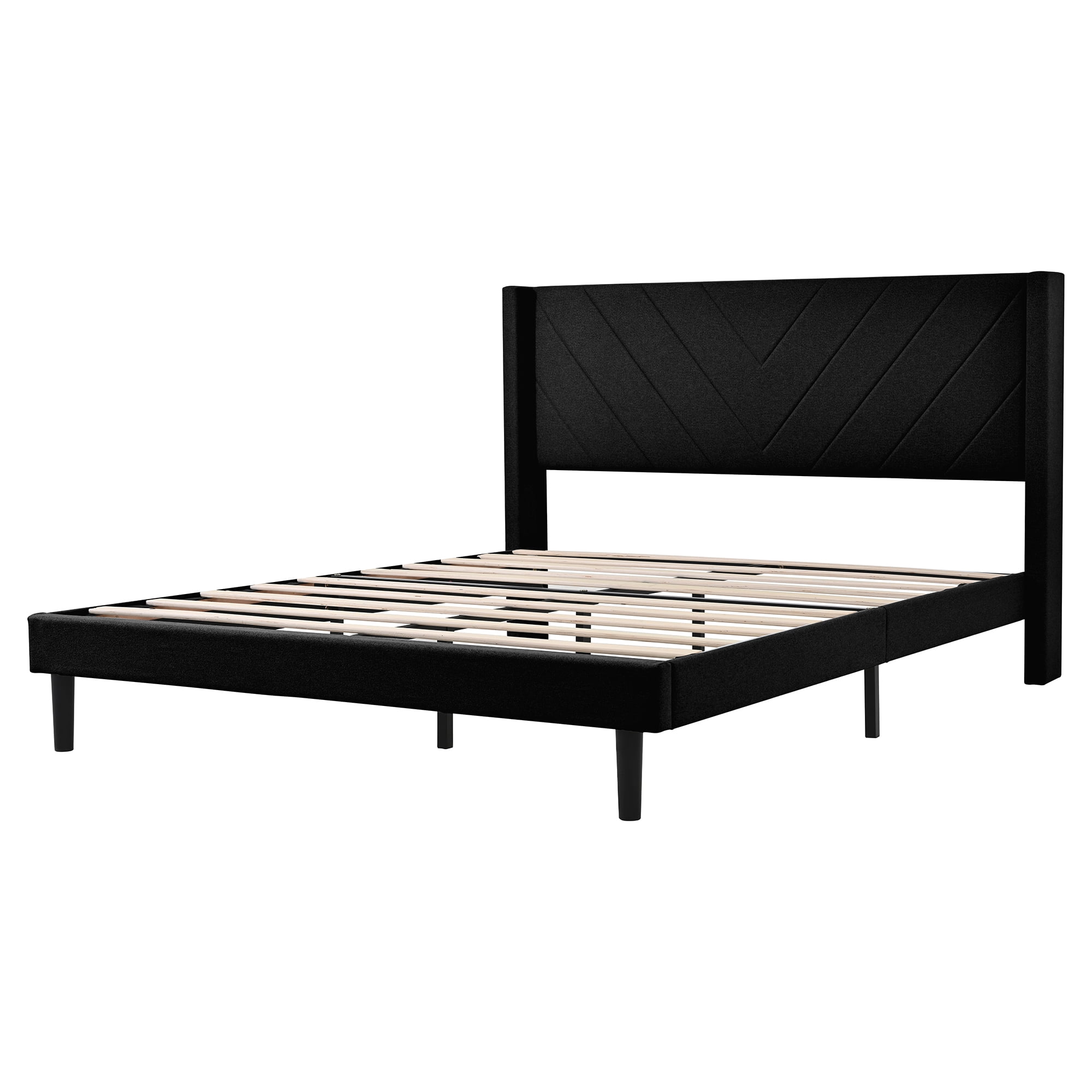 Queen Size Platform Bed Frame with Wingback Upholstered Headboard, Sturdy Wooden Slats Support, Easy to Assembly, Black