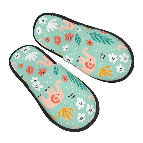 KLL elephant And Flowers Slippers For Women Men House Slip On Indoor Outdoor Bedroom Furry Fleece Lined Ladies Comfy Anti-Skid Rubber Hard Sole-Medium