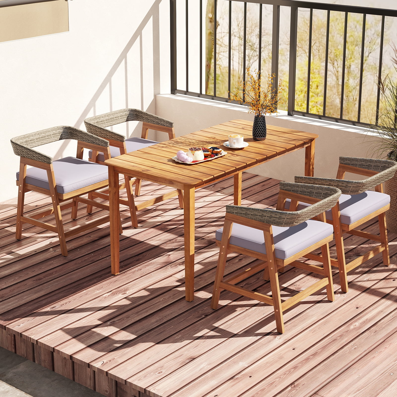 Costway Patio Chairs Set of 4 Outdoor Acacia Wood Dining Chairs with Cushions for Garden