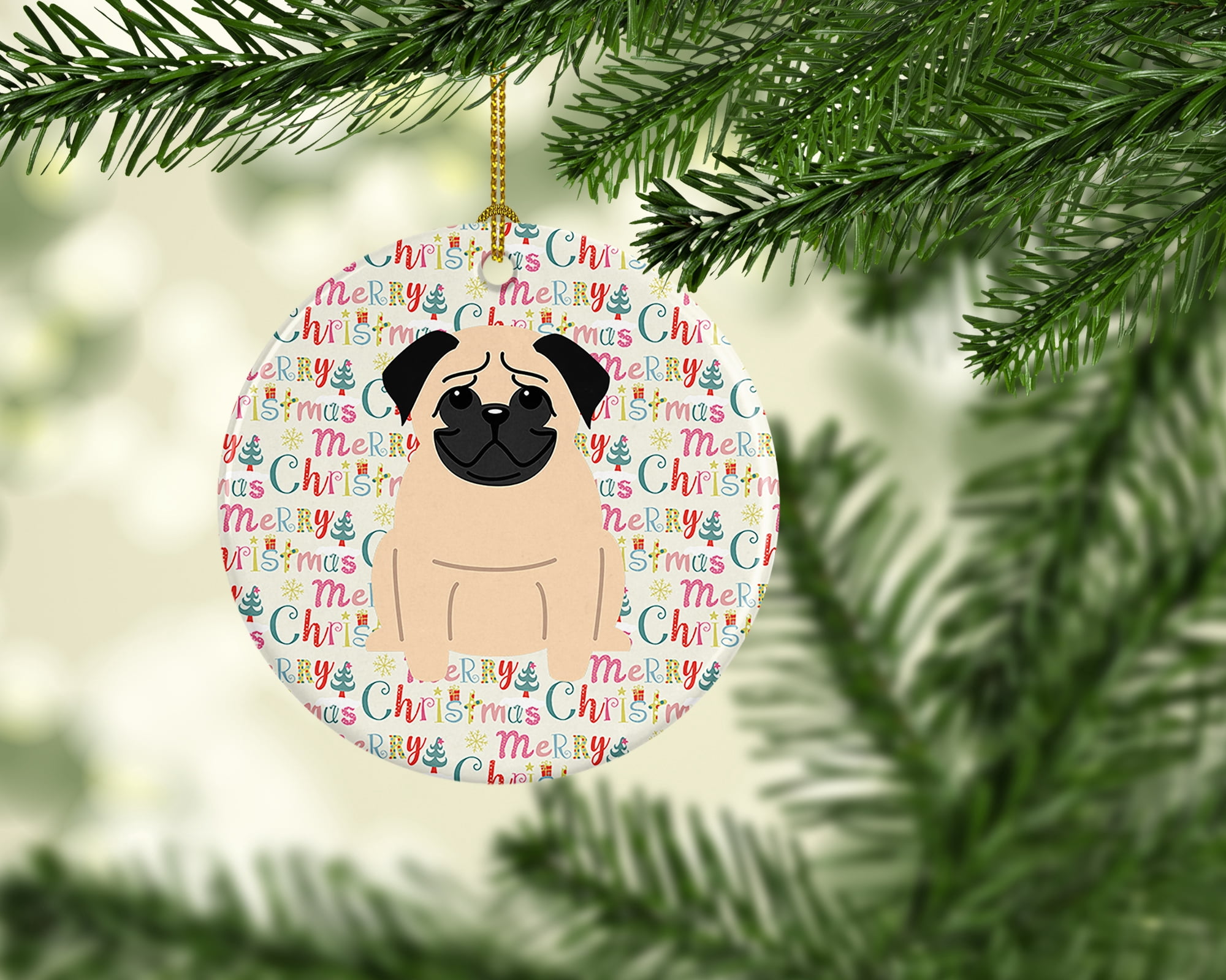 Merry Christmas Pug Fawn Ceramic Ornament 2.8 in x 2.8 in