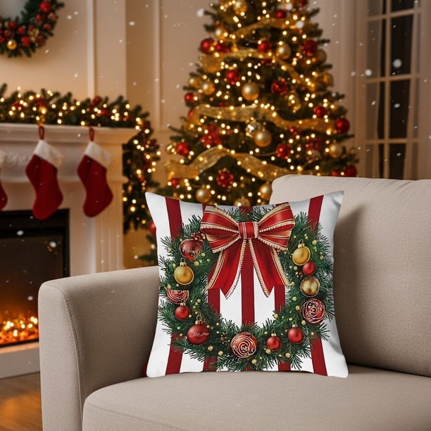 Juego de 3 fundas de cojín navideñas | Rayas rojas y blancas con lazo, corona y flores | Fundas de cojín decorativas de mezcla de lino para sofá cama | 45 x 45 cm
