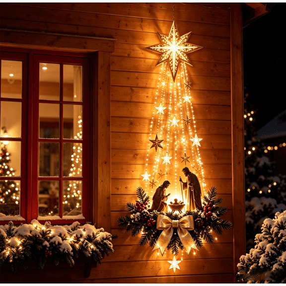 Lighted Nativity Wall Decor, Bethlehem Star of Faith, LED Christmas Wall Hanging with Holy Family Scene and Warm Lights for Home, Fireplace and Entryway