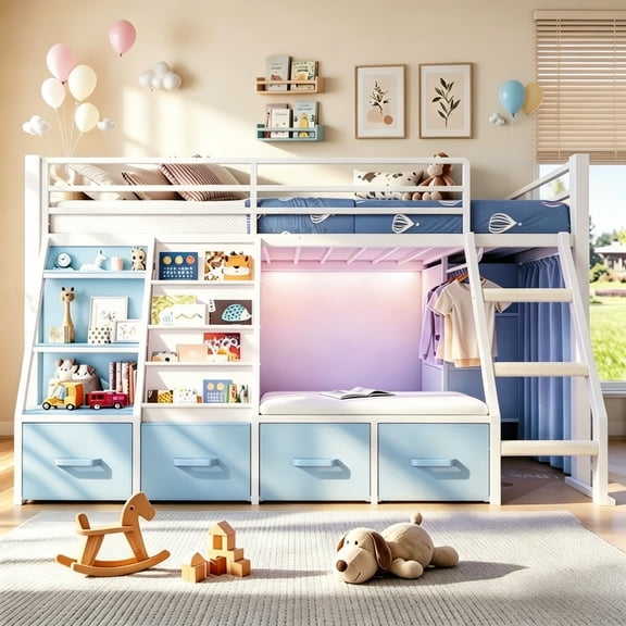 Twin Size Low Loft Bed with 7 Drawers & Bookshelf Reading Nook & Upholster Cushioned Seats LED Under-bed Play House Metal Platform Bed Small Space Furniture Blue