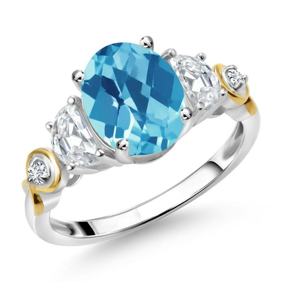 Gem Stone King 925 Silver and 10K Yellow Gold 3-Stone Ring Checkerboard Topaz Moissanite (2.75 Cttw)