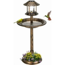 RONG-3 Outdoor Bird Bath, Garden Bird Baths Decorations with Solar-Powered Lamp and Resin Pedestal Flower Planter Base Bird Feeder for Yard Patio