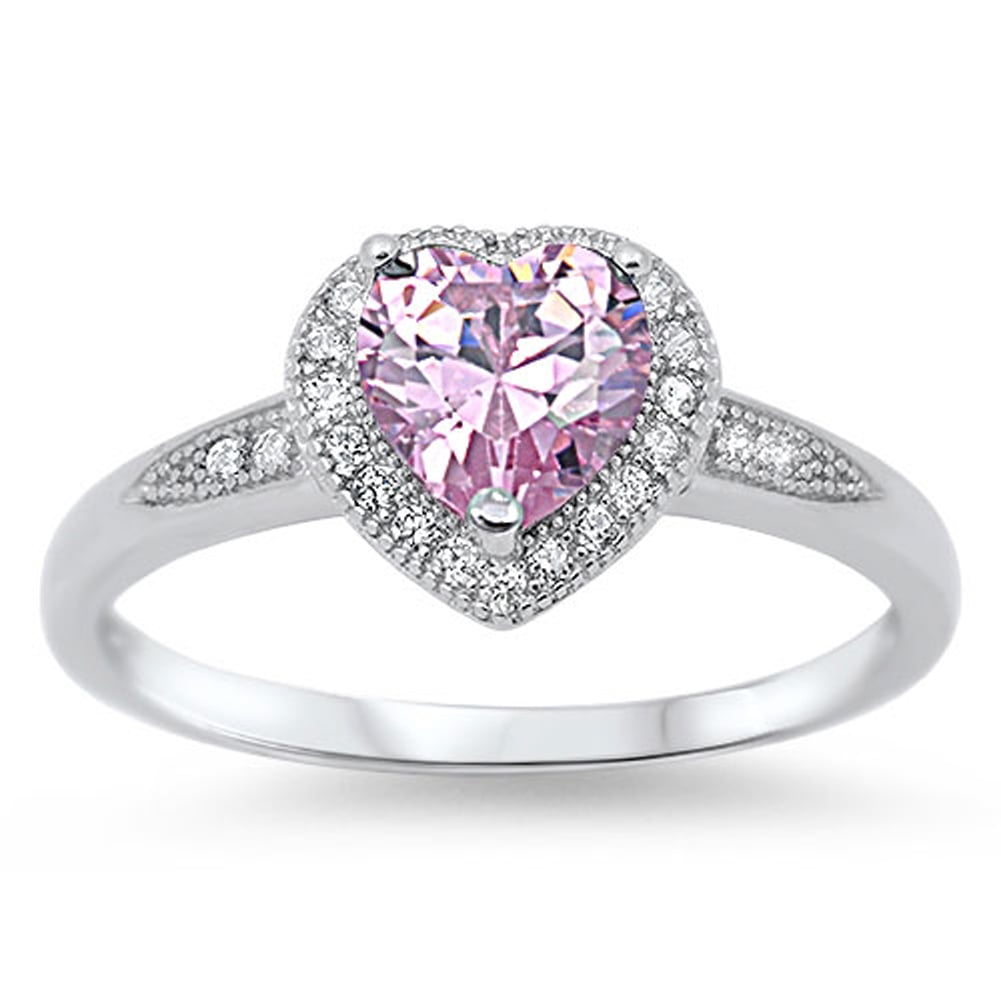 CHOOSE YOUR COLOR Women's Heart Pink CZ Halo Ring .925 Sterling Silver Band Female Size 4