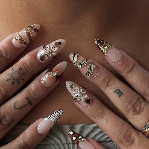 Press on Nails IMRAIN Medium Almond con diseño de cuentas doradas en 3D