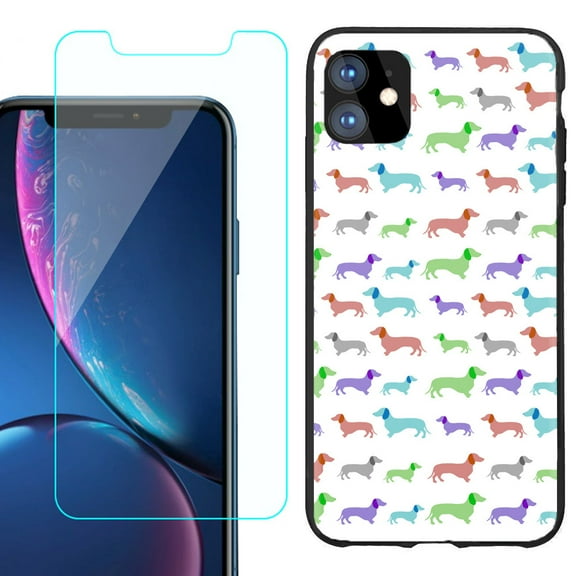 For Apple iPhone 11 Phone Case , Slim-Fit TPU Protective Case (Black), with Tempered Glass Screen Protector, by OneToughShield ® - Colorful Dachshund/Puppy