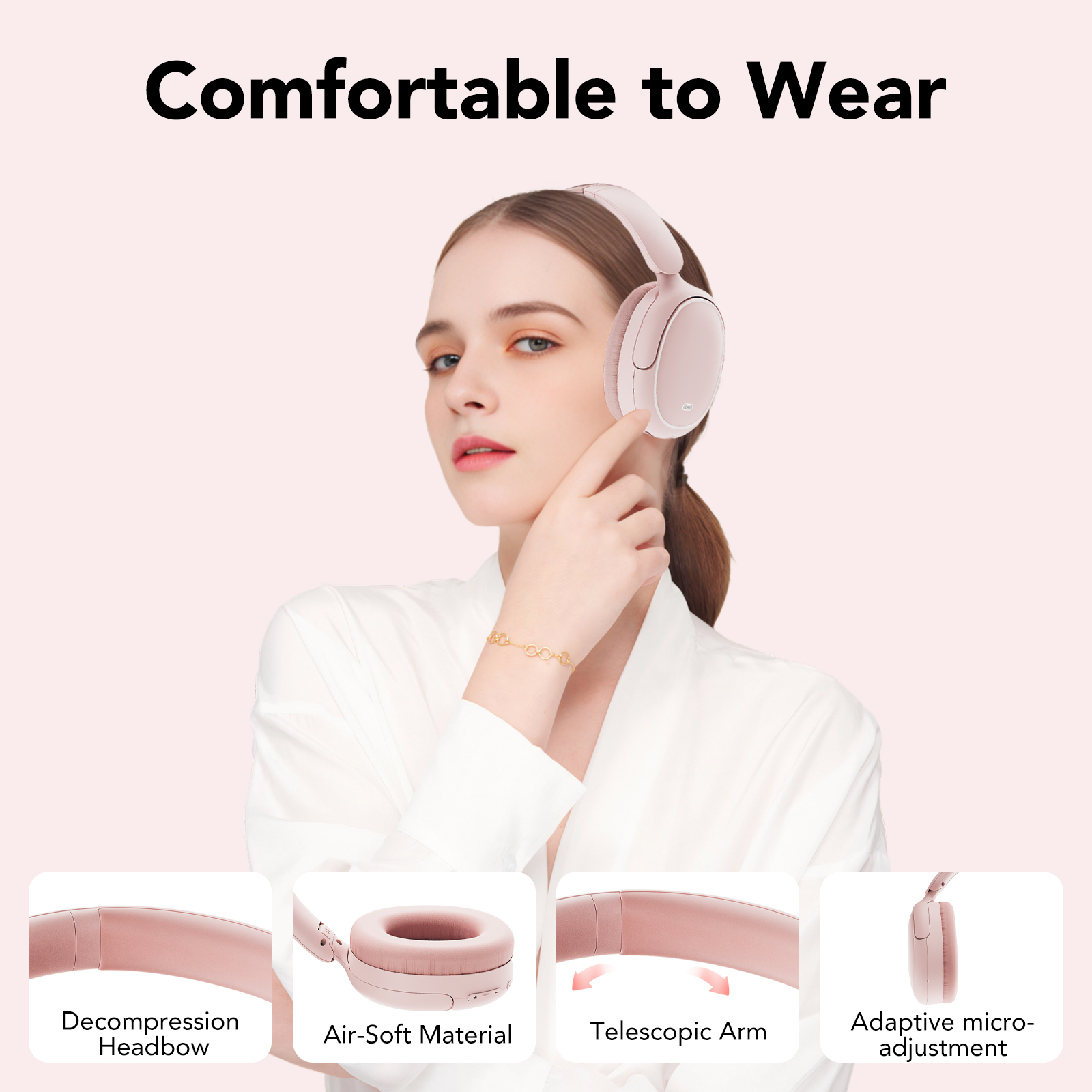 Hybrid Active Noise Cancelling Headphones -45dB, Bluetooth Headphones 5.4, 60H Playtime Wireless Headphones, Bass Boosted by 90%, Clear Call