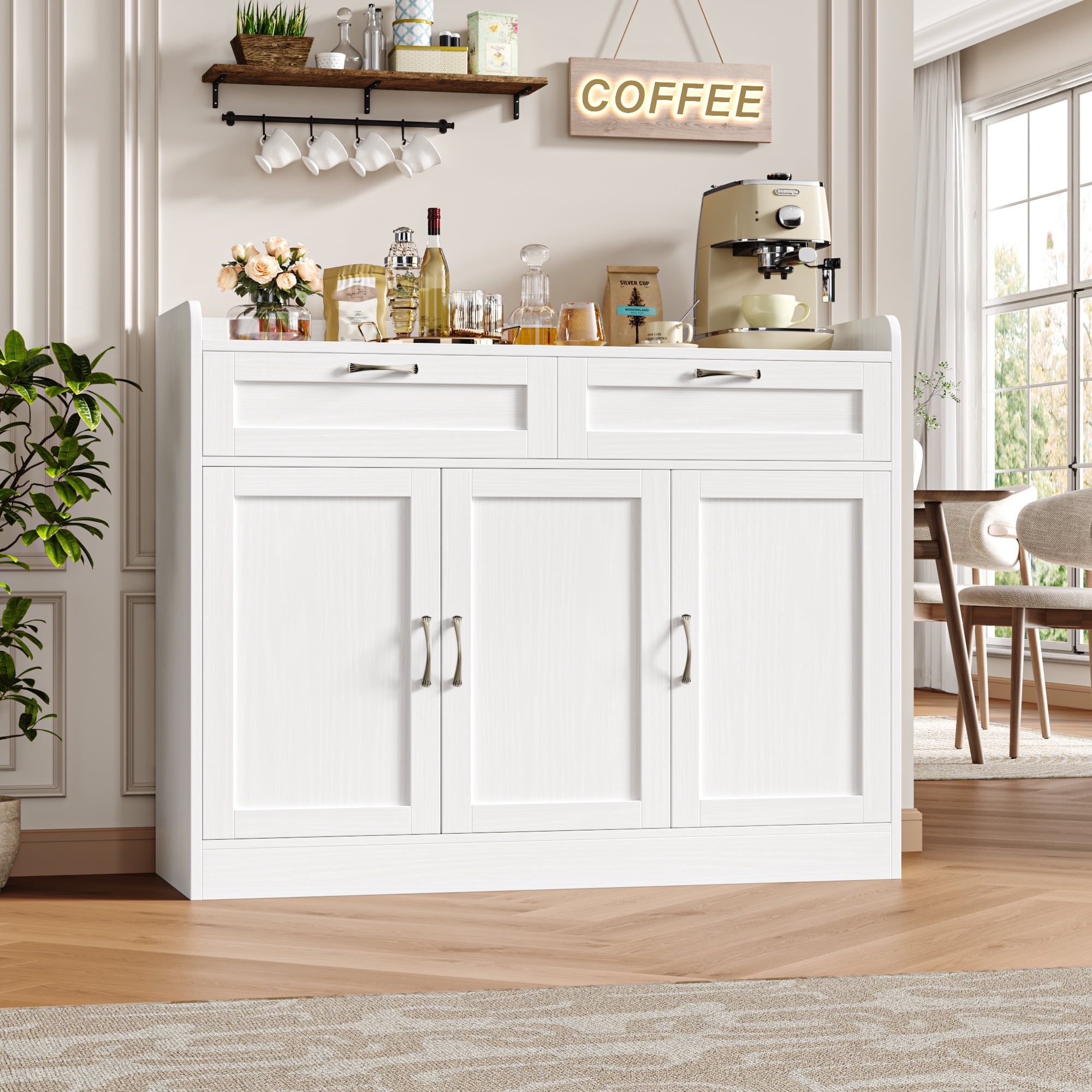 Homfa 47.2" Kitchen Sideboard Buffet Cabinet with 2 Drawer, 3 Door Wooden Storage Cabinet with Adjustable Shelf for Dining Room, White
