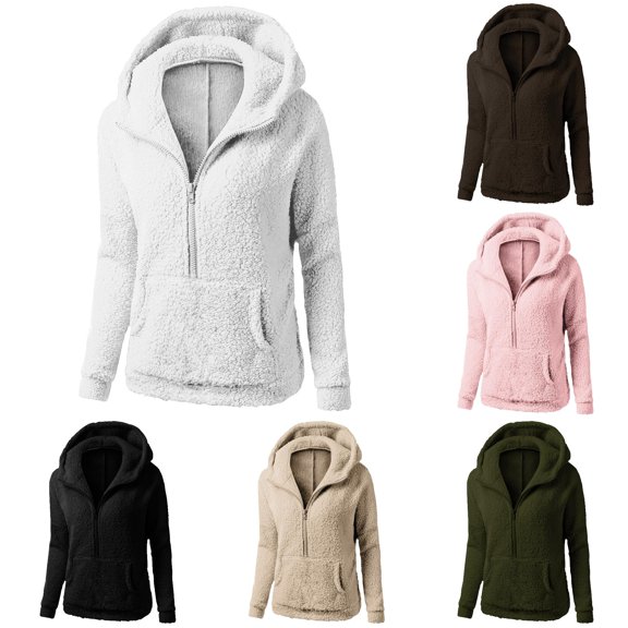 CAIVO Long Sleeve Hoodies For Women Winter Warm Zip Up Hooded Coat Soft Casual Outerwear Jacket For Cold Weather Comfort Solid Color Athletic Sweatshirts