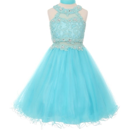 Little Girls Sparkle Rhinestones Halter Lace Junior Bridesmaid Pageant Flower Girl Dress Aqua 4 (C50C40C)