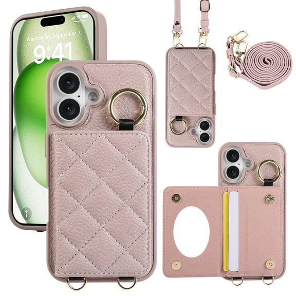 Crossbody Wallet Case for iPhone 16 with Make-up Mirror, PU Leather Lanyard Purse Magnetic Clasp Card Holder, Flip Kickstand Shockproof Phone Cover for iPhone 16, Purple