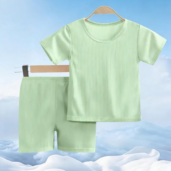 Kids Toddler Boys Girls 2 Piece Outfit Ribbed Knit Short Sleeve Crewneck T Shirt Top and Biker Shorts Playwear Clothes Casual Summer Activewear Sets