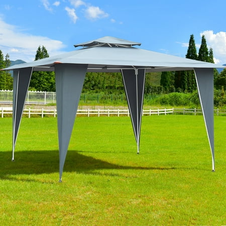 GHP 2-Tier 11.5'x11.5' Gray Waterproof Polyester Fabric Gazebo Canopy Shelter