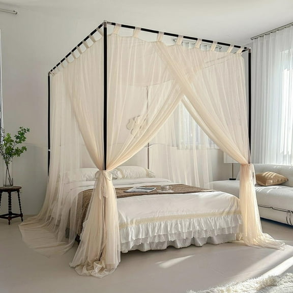 Mosquito Net for Bed 4 Corner Post Lace Canopy Curtains Encrypted Mosquito Net Floor Curtain with Metal Bracket for Girls Bed Adult Bedroom Kids Rooms