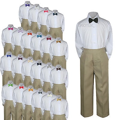 Baby Toddler Kid Boys Wedding Formal 3pc Set Shirt Khaki Pants Bow Tie Suit