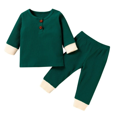 

StylesILove Baby Boys Girls Solid Long Sleeve Henley Top & Pants 2pcs Set Unisex Toddler Ribbed Cotton Outfit (Green 12 Months)