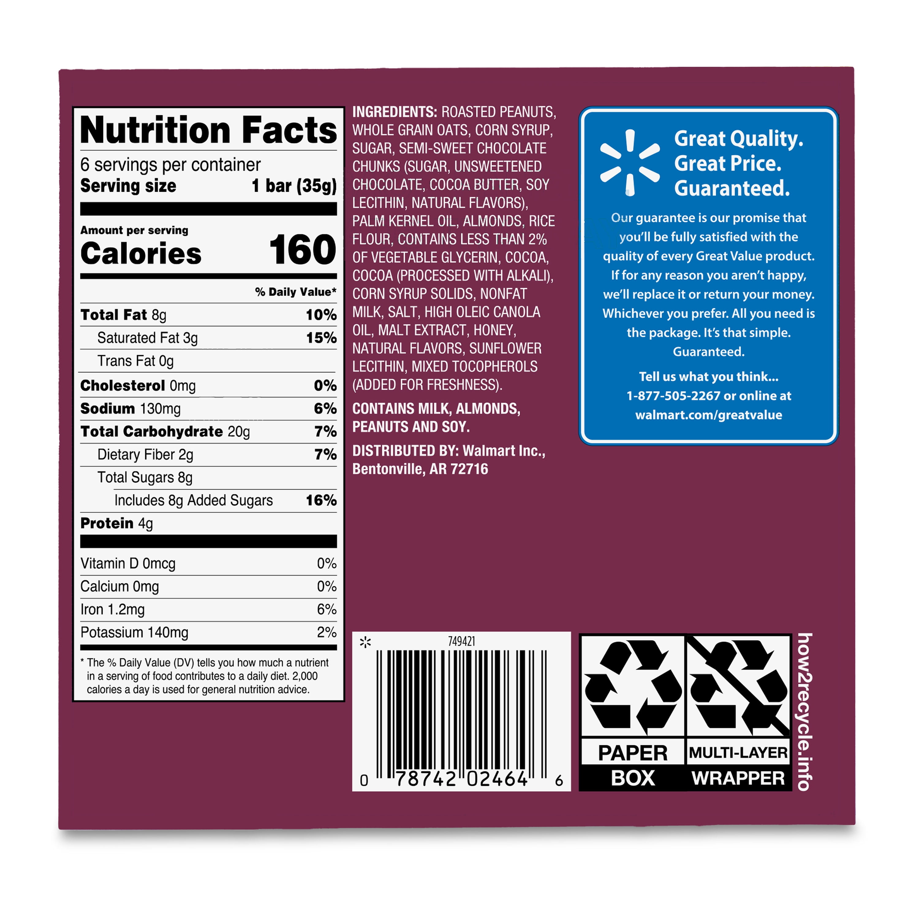 (12 pack) Great Value Dark Chocolate, Peanut & Almond Sweet & Salty Granola Bars, 1.2 oz, 6 Count
