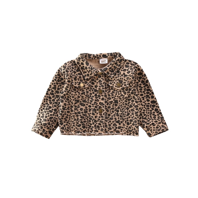 xiaxaixu Girls Button Open Front Jacket Khaki Long Sleeve Leopard Print Lapel Coat