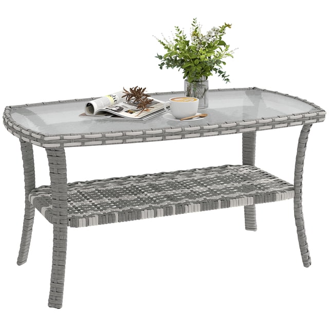 Outsunny Table Basse d'Extérieur avec Rangement, Table de Patio en Osier, Gris Foncé