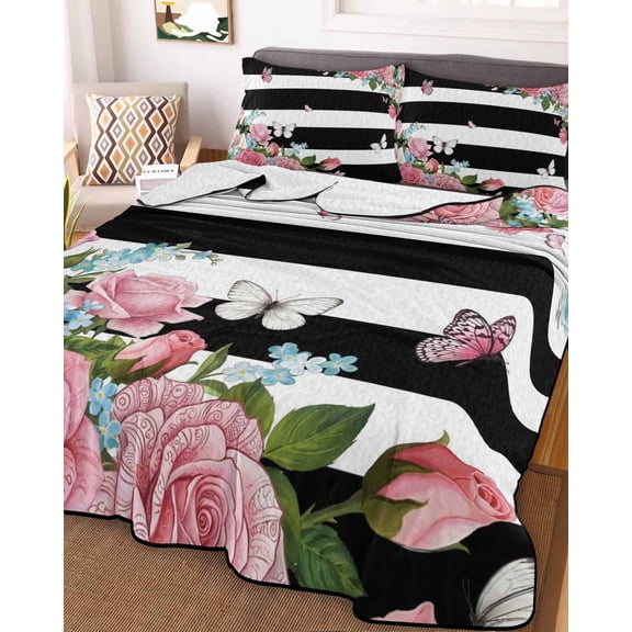 Pink Flowers Twin Size Down Alternative Comforter,Lightweight Comforter Quilt Bedding Set with Pillow Shams Spring Floral Butterflies Black White Striped Farmhouse Bed Comforter Duvet Insert 68"x86"