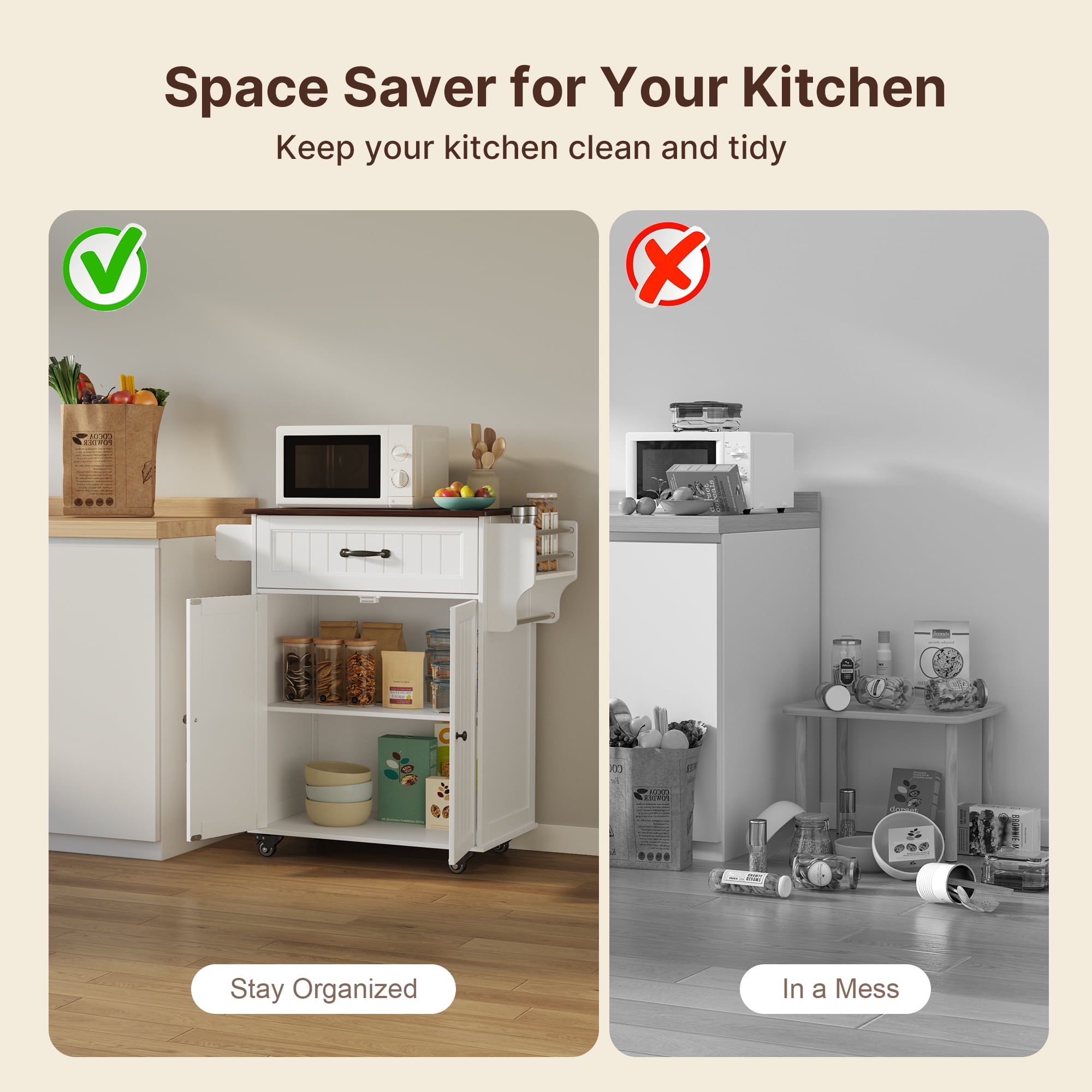 Kitchen Island Cart with Storage, Lofka Microwave Stand with Spice Rack, Towel Rack, Adjustable Shelf, 1 Drawer, White+Retro Desktop