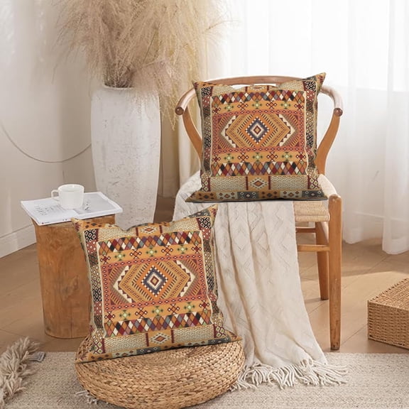 Boho Bohemia Throw Pillow Covers Set of 2 Brown Geometric Linen Pillowcase for Living Room Bedroom Decor,18x18 Inch