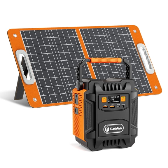 FlashFish A201 Portable Power Station with 60W Solar Panel, 172.8Wh Solar Generator, 200W Backup Battery with AC Outlet, USB-C, LED light for Camping, Emergency Use