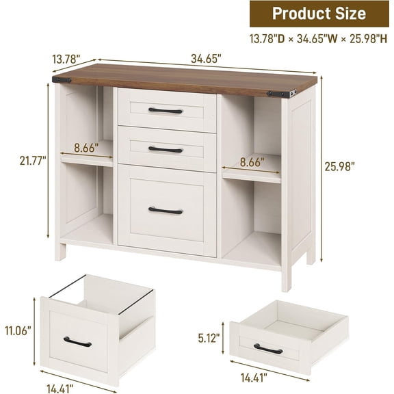 3 Drawer Farmhouse File Cabinet with Open Storage Shelves, White Wooden Lateral Filing Cabinet for Home Office