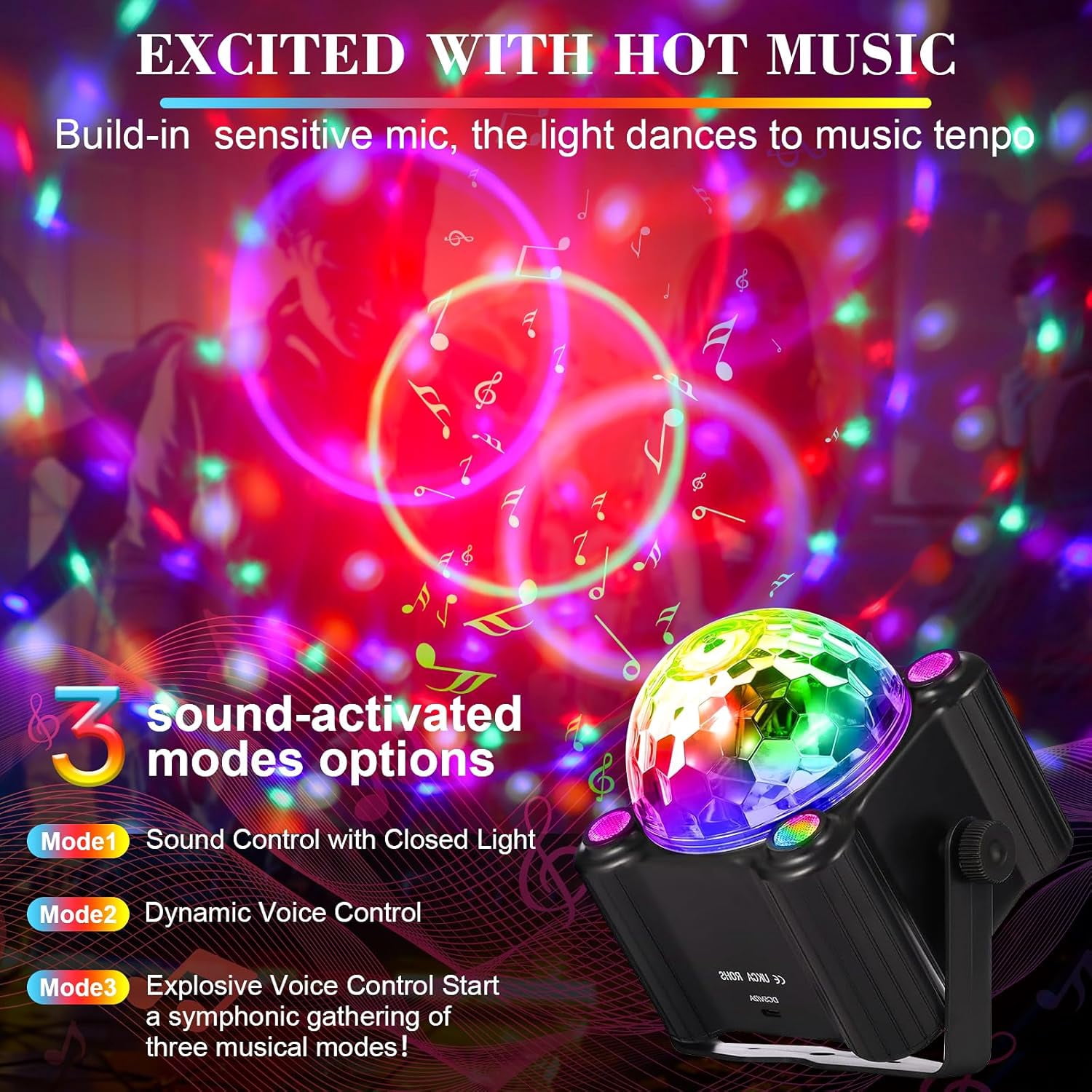 Sound Activated Disco Party Lights, DJ Ball Light with Remote, Strobe Stage Lighting Lamp for Indoor Outdoor Home Room Dance Birthday Karaoke Halloween Christmas Show Club Decoration