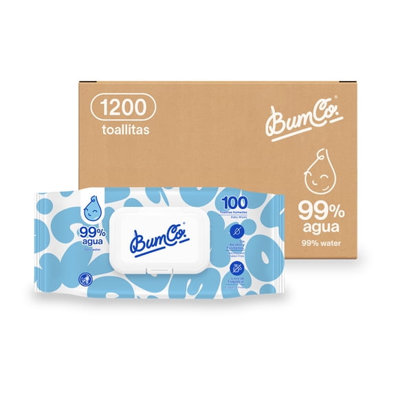 Bum Co. | Toallitas húmedas para bebé, caja con 1,200 pz (12 paquetes de 100 toallitas c/u) | 99% agua, Hipoalergénicas, Sin fragancia, Más largas