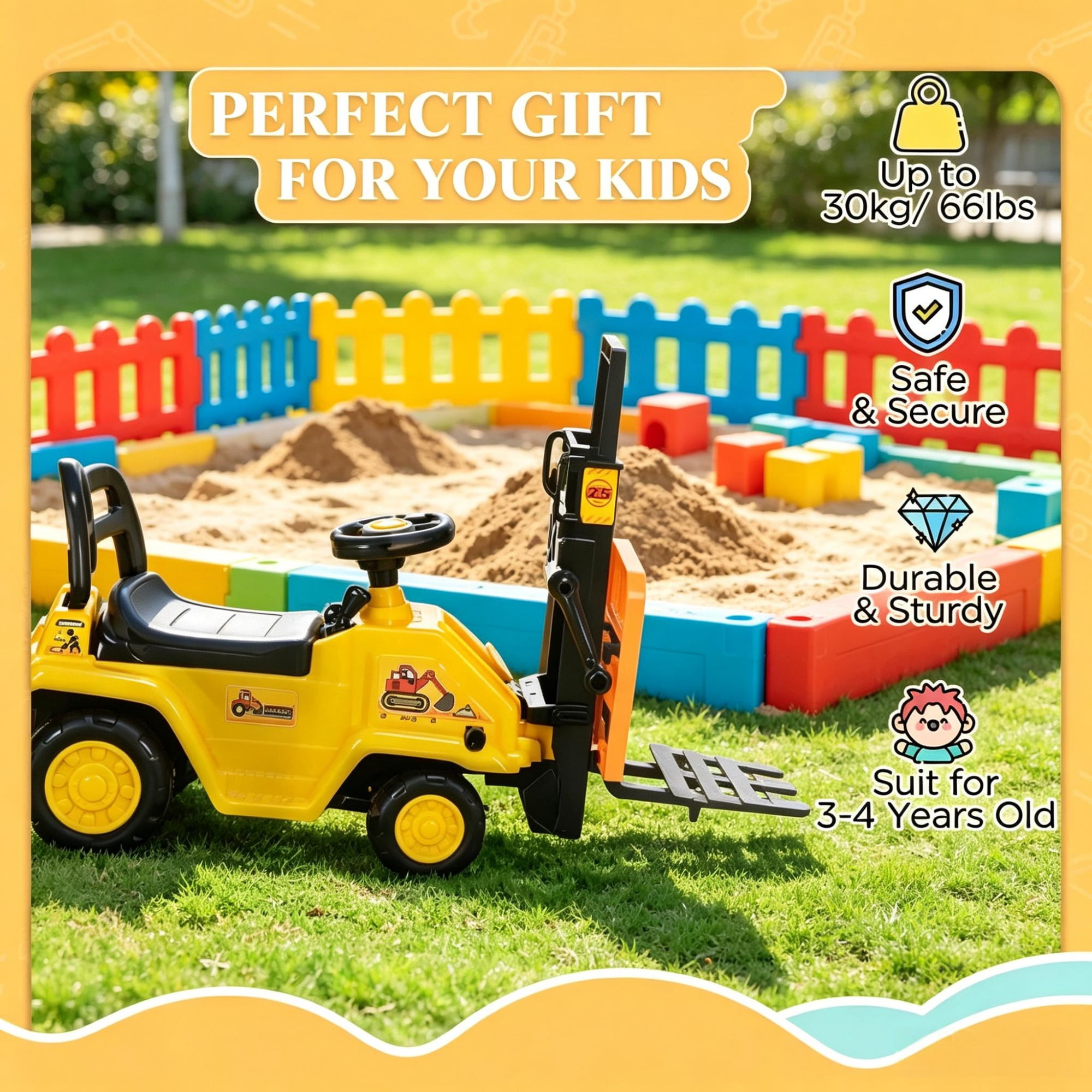 Forklift Ride-on Toy, Sit and Scoot Construction Toy with Under Seat Storage for 3-Year-Old Boys & Girls