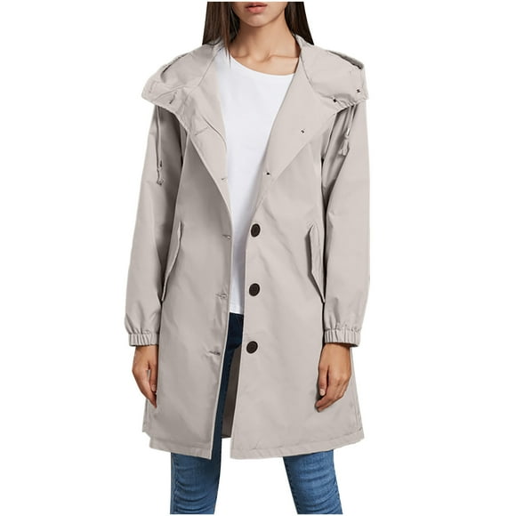 Pisexur Women's Winter Coats Waterproof Trench Coat Long Sleeve Long Double Breasted Windbreaker Raincoat Classic Belted Lapel Overcoat with Removable Hood