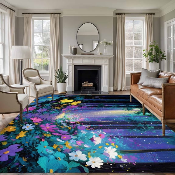 Large Area Rugs for Living Room Bedroom, Colorful Flowers 8'x10' Rug Washable Carpet Runner Indoor Outdoor, Spring Watercolor Oil Painting Forest Trees Non Slip Floor Mats Rug for Kitchen, Patio