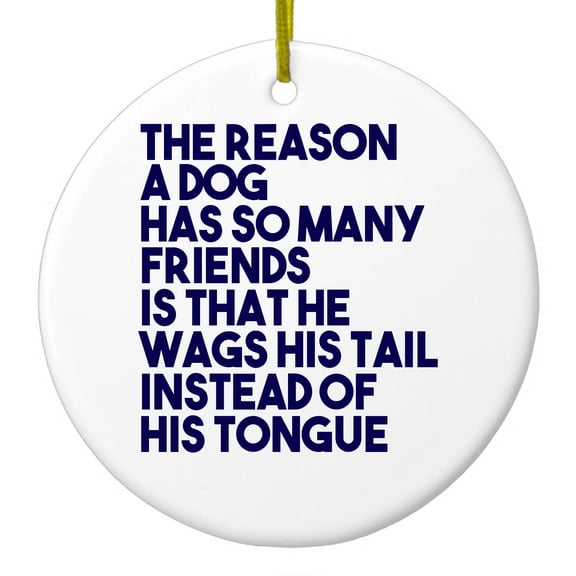 DistinctInk Hanging Ceramic Christmas Ornament - Dog Wags Tail Instead of Tongue - Gold String, 2-3/4 inch Diameter