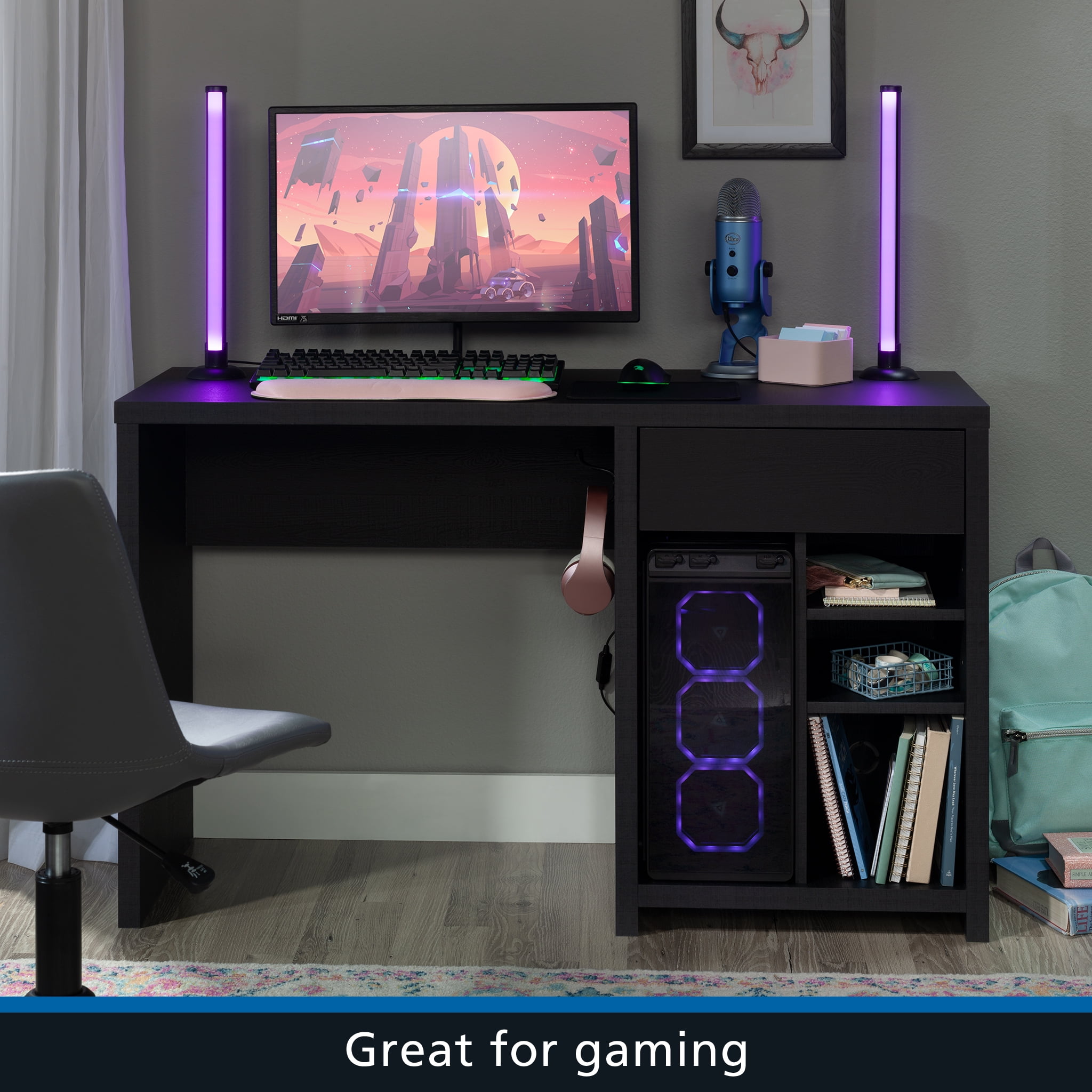 Mainstays Westley Adjustable Shelf Desk with Gaming Headphone Hook and Cable Management, Black Finish