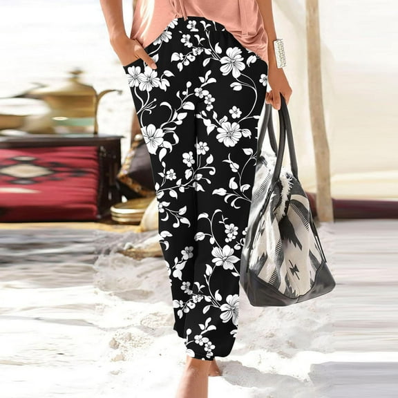 Roncen Women's Floral Print Jogger Pants - Loose Fit Elastic Waist & Cuff Trousers with Pockets