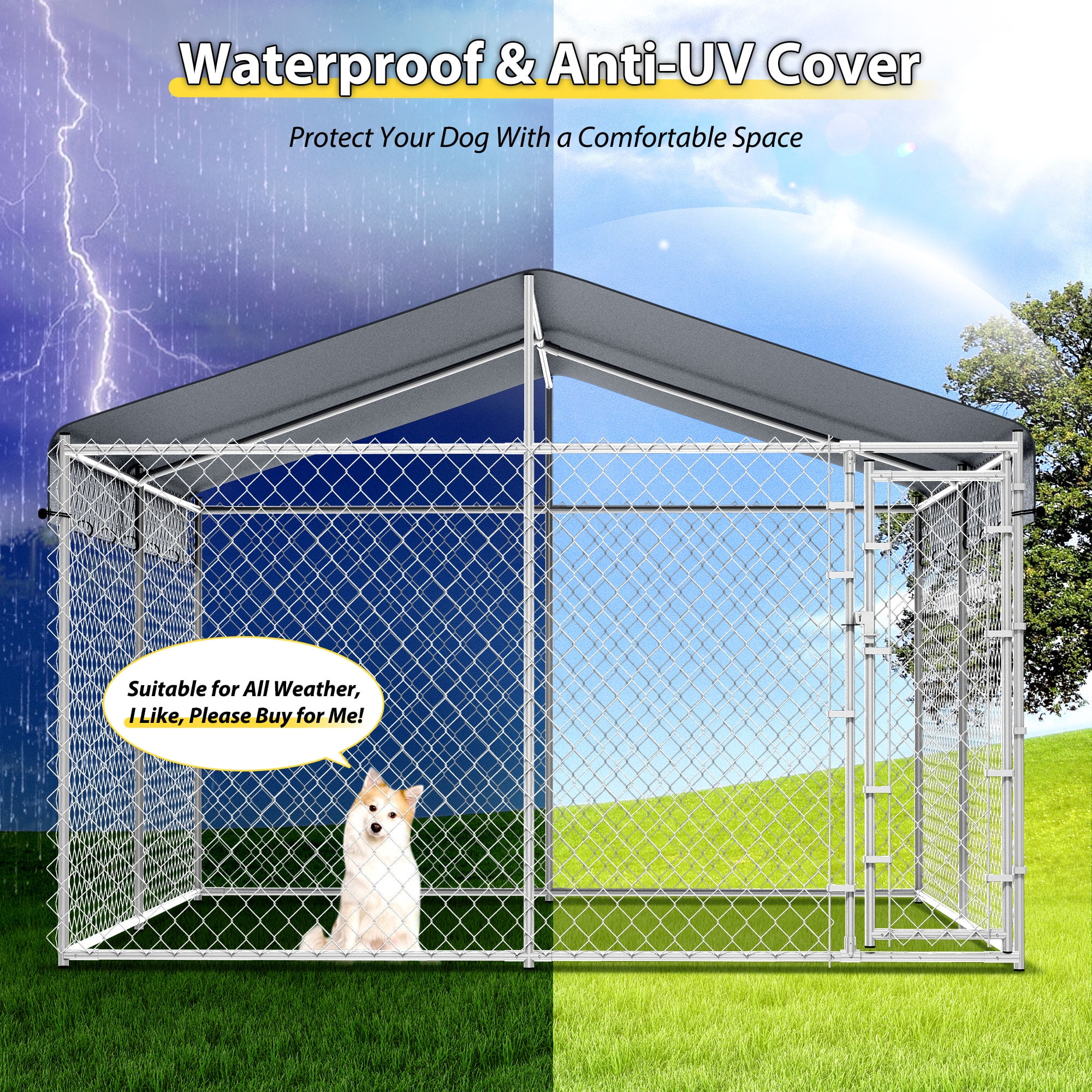10'x10'x6.56' Large Outdoor Dog Kennel with Roof, Heavy Duty Outside Dog Run Enclosure Dog Pen House Pet Playpen with Galvanized Chain Link, Lockable Door
