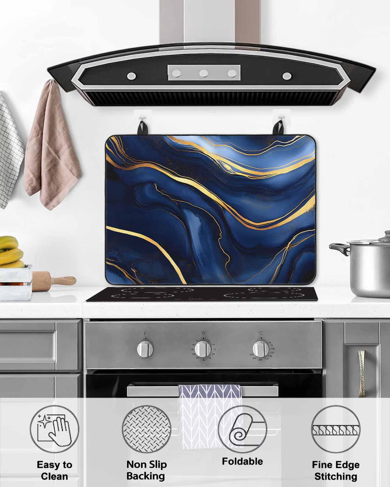 nqOlkjepod Large Induction Cooktop Protector Mat 24"x21", Marble Navy Blue Stove Top Covers for Electric Stove, Modern Golden Ombre Retro Art Stove Burner Cover Mats, Glass Top Stove Cover
