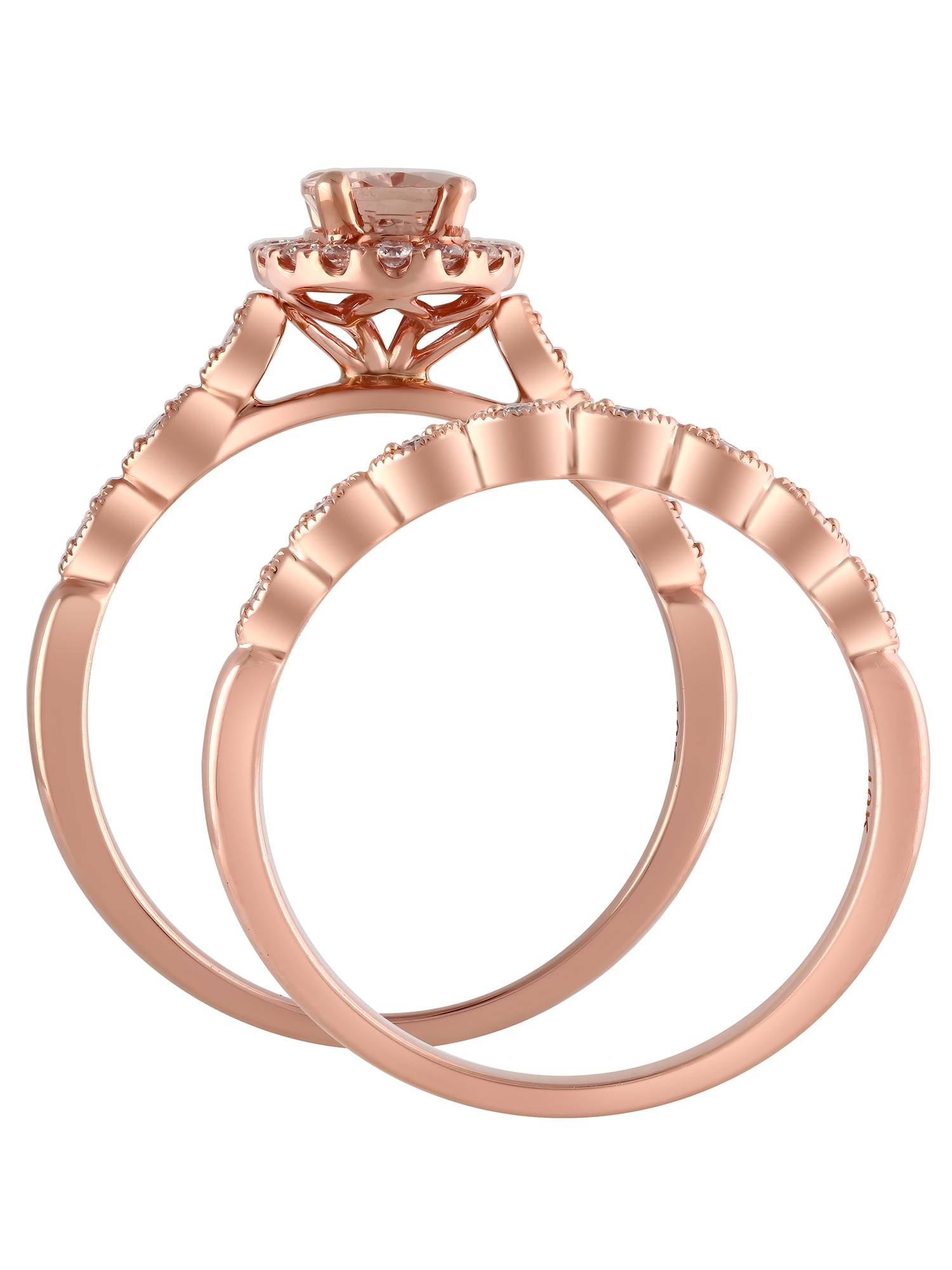 1/4 Carat T.W. (I2 clarity, H-I color) Brilliance Fine Jewelry Oval cut Morganite and Diamond Bridal set in 10kt Pink Gold, Size 9